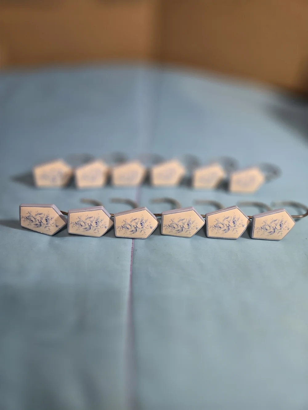Set Of 12 Old Fashioned Granny Core Shower Hooks With Beautiful Blue Flowers